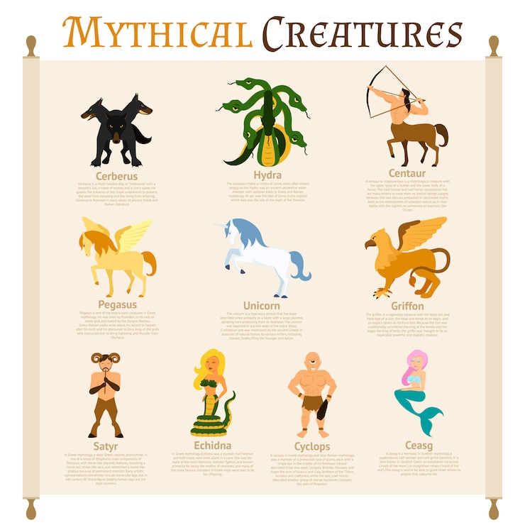 Vetor grátis infografia de criaturas míticas