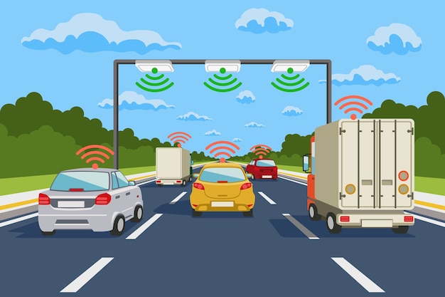 Infografia de vetor de sistema de comunicação rodoviária. comunicação rodoviária, ilustração de comunicação do sistema rodoviário