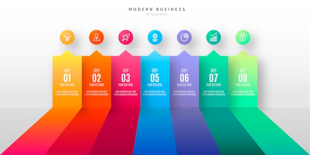 Infográfico colorido com etapas de negócios