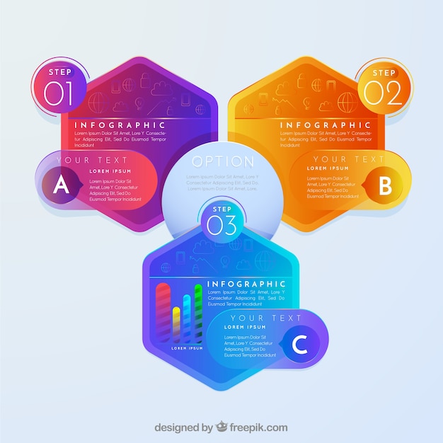 Infográfico com formas hexagonais coloridas