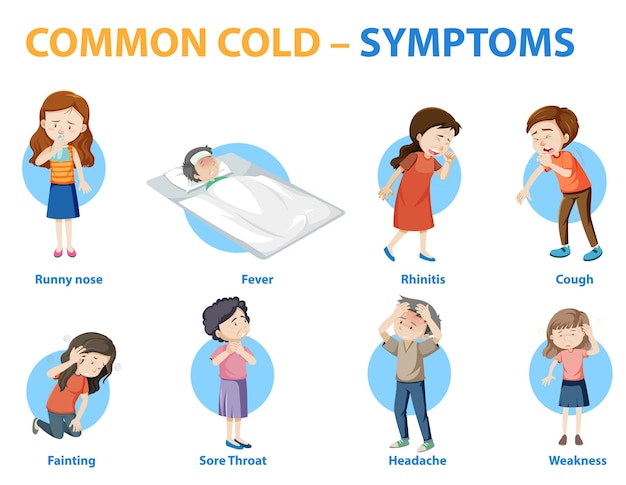 Infográfico de estilo de desenho animado de sintomas de resfriado comum Vetor grátis