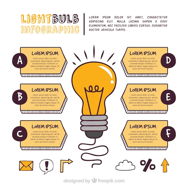 Vetor grátis infográfico de lâmpada com elementos em estilo desenhado de mão