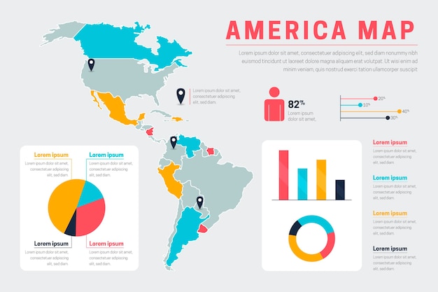 Vetor grátis infográfico de mapa da américa plana