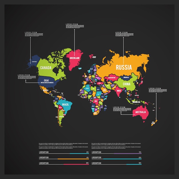 Infográfico de mapa mundial multicolorido