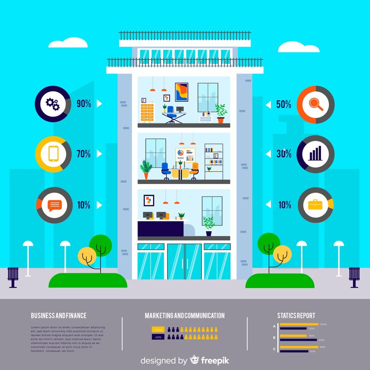 Vetor grátis infográfico de prédio de escritórios moderno com design plano