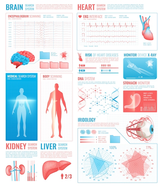 Infográfico médico com dados do cérebro e do coração
