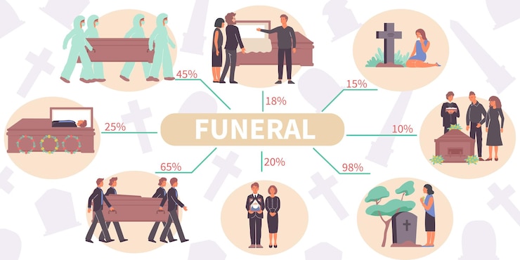 Vetor grátis infográfico plano fúnebre com personagens humanos eternidade, caixas, sepulturas e texto editável com linhas e porcentagem