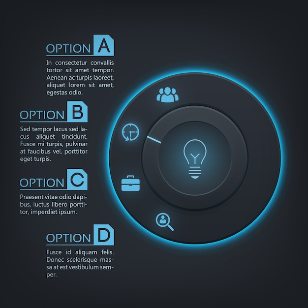 Infográficos da interface da web com botão redondo luz de fundo azul quatro opções e ícones