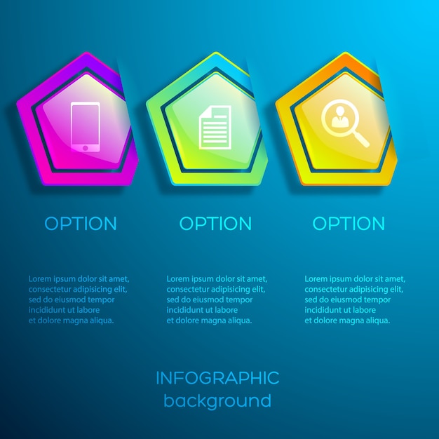 Infográficos de negócios na web com ícones de três opções e hexágonos coloridos brilhantes sobre fundo azul isolados