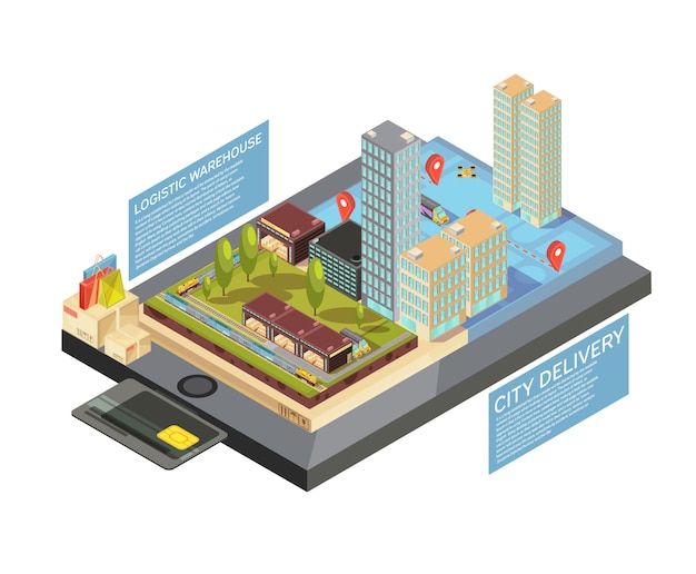 Infográficos isométricos com mercadorias on-line, entrega de cidade do armazém para destino na ilustração em vetor tela dispositivo móvel