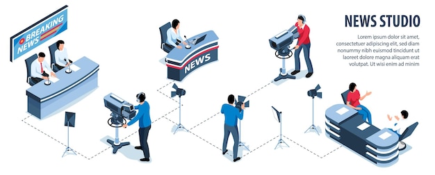 Infográficos isométricos de estúdio de notícias com apresentadores profissionais e equipe de tiro no trabalho ilustração em vetor 3d