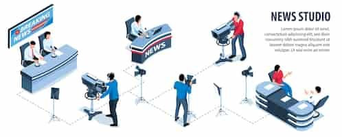 Vetor grátis infográficos isométricos de estúdio de notícias com apresentadores profissionais e equipe de tiro no trabalho ilustração em vetor 3d