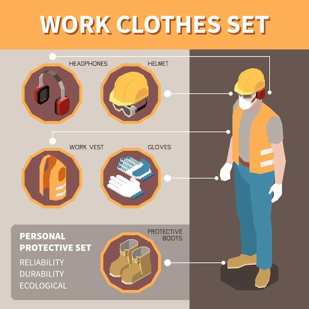 Vetor grátis infográficos isométricos de segurança no local de trabalho com conjunto de roupas de trabalho de proteção pessoal e trabalhador masculino usando fones de ouvido capacete colete luvas botas ilustração vetorial 3d