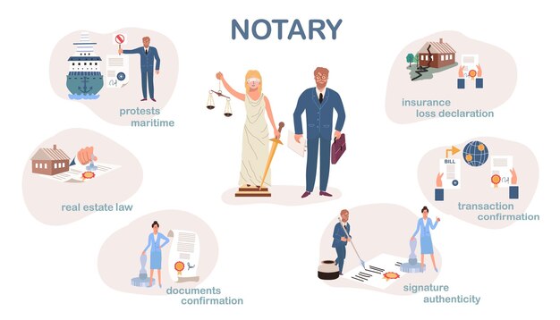 Infográficos planos de notário com composições isoladas de símbolos de justiça clássicos de personagens humanos e ilustração vetorial de legendas de texto editáveis