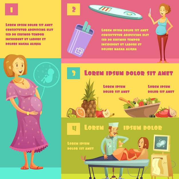 Vetor grátis informações sobre os estágios da gravidez com o kit de teste de tiras de alimentos aconselham e ultrassonografia