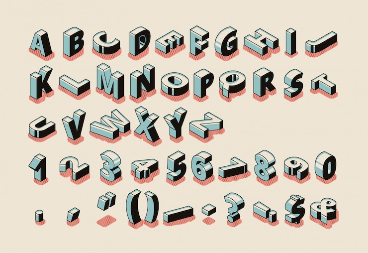 Vetor grátis inglês, alfabeto, isometric, jogo, com, latim, letras abc, símbolos especiais, sinais pontuação