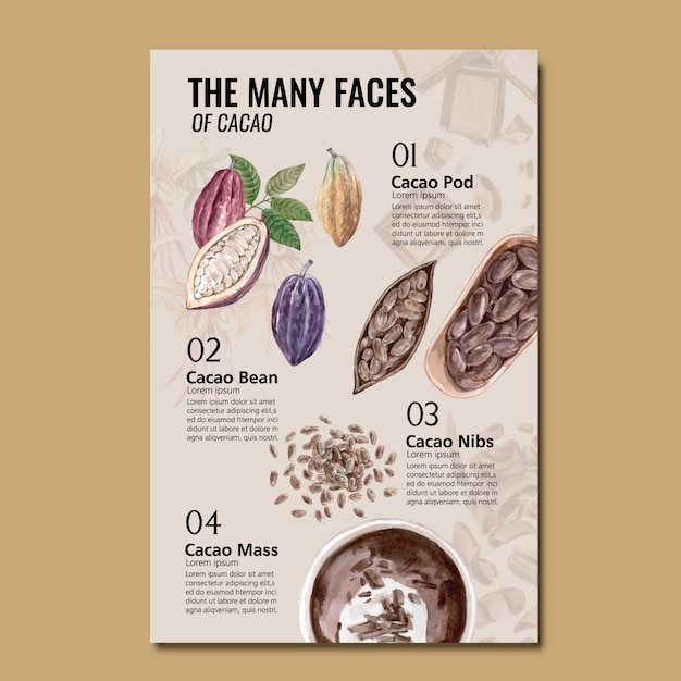 Vetor grátis ingredientes de chocolate aquarela com árvores de cacau, infográfico, ilustração