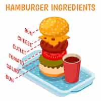 Vetor grátis ingredientes de hambúrguer isométricos