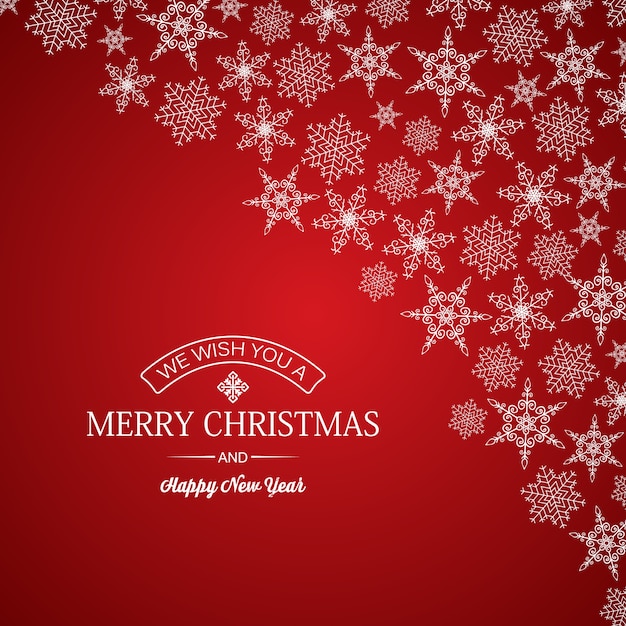 Inscrição de saudação de cartão de feliz Natal e ano novo e flocos de neve de diferentes formas em vermelho