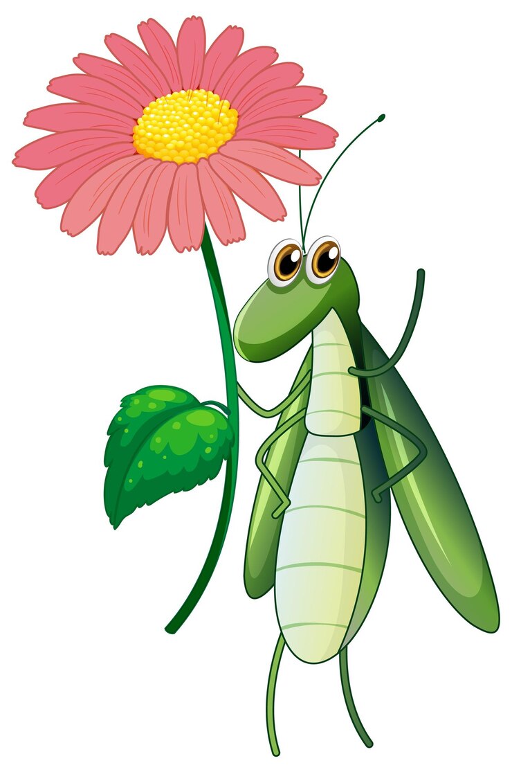 Vetor grátis inseto verde segurando uma flor rosa em fundo branco