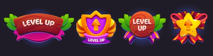Vetor grátis insígnias de jogo brilhantes com texto level up na fita