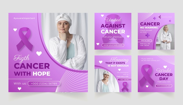 Vetor grátis instagram publica coleção para conscientização sobre o dia mundial do câncer