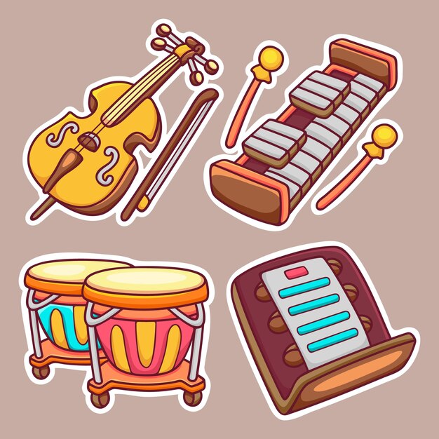 Instrumento Musical Orquestral Adesivo Ícones Mão Desenhada Coloração Vetorial
