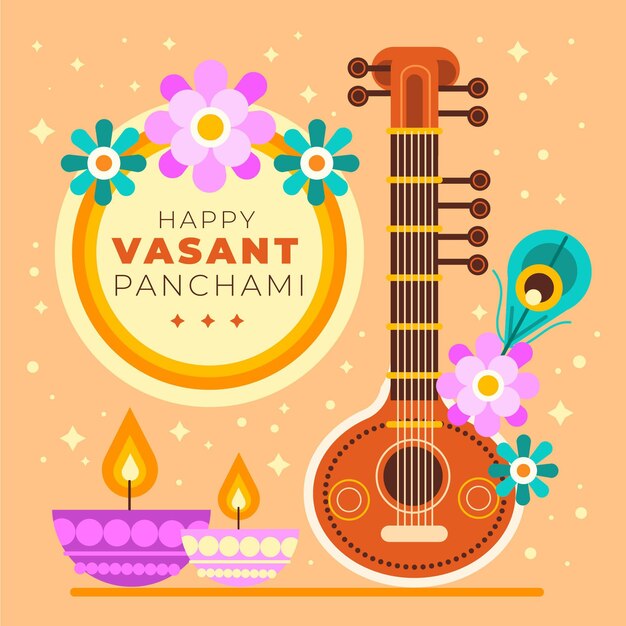 Instrumento musical Vasant panchami e flores