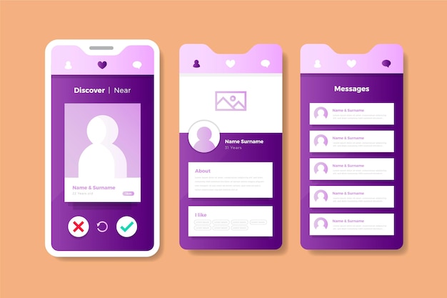 Interface de aplicativo de namoro rosa e violeta pastel