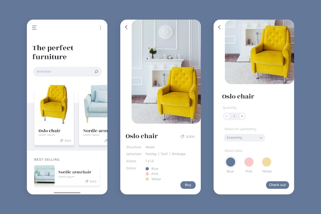 Interface do aplicativo de compras de móveis