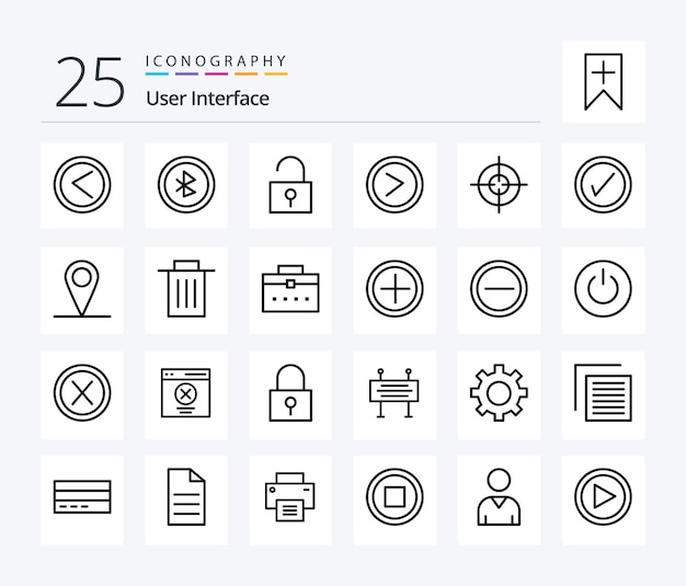 Vetor grátis interface do usuário pacote de ícones de 25 linhas, incluindo alvo de marcação desbloqueado à direita
