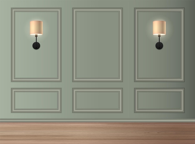 Vetor grátis interior clássico realista com duas lâmpadas modernas brilhantes na ilustração vetorial de parede