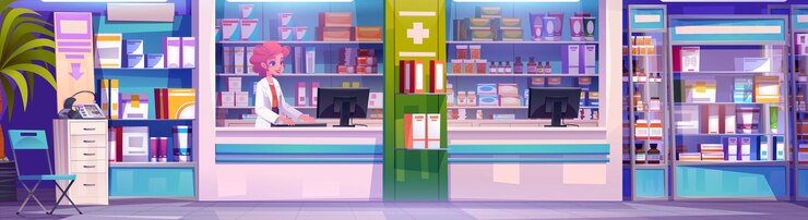 Vetor grátis interior da farmácia com balcão e personagem feminina farmacêutico dentro da farmácia com prateleiras cheias de vitaminas de medicamentos e farmacêutico à venda vendedor de tratamento perto da vitrine com produto de receita médica