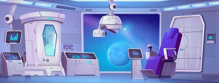 Vetor grátis interior da nave espacial com cápsula criogênica e janela