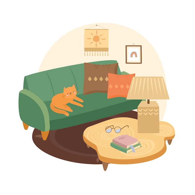 Interior da sala de estar com gato