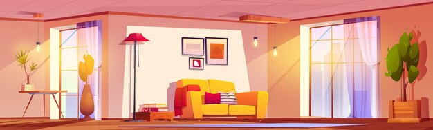 Interior da sala de estar com móveis e raio de sol através de grande janela Ilustração vetorial de desenho animado de salão leve e ensolarado no interior com travesseiros no sofá lâmpada e mesa lateral plantas verdes em vasos