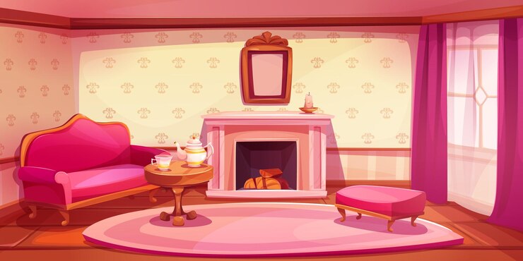Vetor grátis interior da sala de estar em estilo vitoriano com móveis rosa e lareira casa de desenho animado dentro com papel de parede vintage nas paredes grande janela com cortinas sofá e xícara de chá com chaleira na mesa pequena