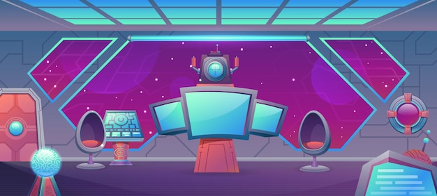 Interior da sala do centro da nave espacial dos desenhos animados com monitor e painel de controle. cabina do piloto de nave alienígena cósmica futurista para fundo de vetor de videogame. ilustração do equipamento da espaçonave interestelar Vetor Premium