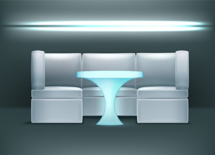 Vetor grátis interior de clube noturno de vetor em cores azuis com luzes de fundo, poltronas e mesa iluminada