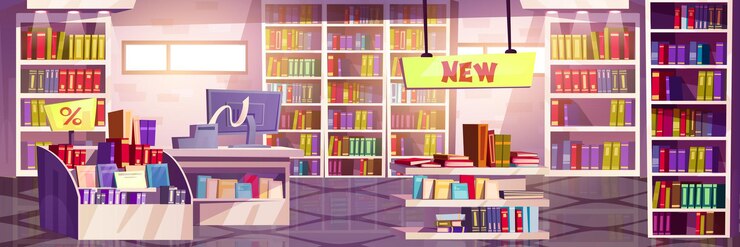 Vetor grátis interior de livraria com livros em prateleiras de estantes