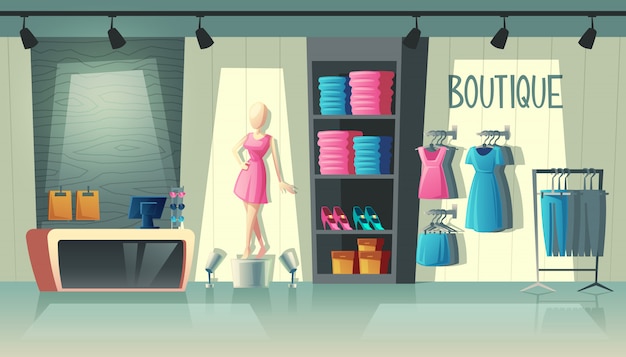 interior de loja de roupas - guarda-roupa com roupas de mulher, manequim de desenhos animados e outras coisas em cabides