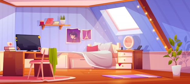 Interior de quarto de menina dos desenhos animados no sótão