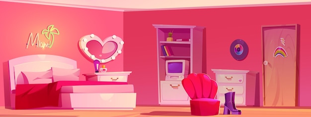 Interior de quarto de menina retrô com móveis ilustração em vetor de desenho animado de quarto rosa com travesseiros e cobertor na cama lâmpada de néon na parede cosméticos de computador vintage na poltrona de mesa y2k em casa