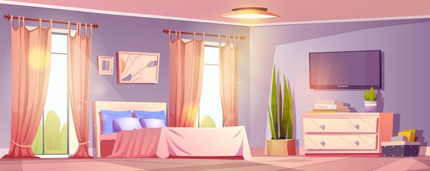 Interior de quarto moderno com televisão na parede ilustração de desenho animado vetorial de sala de luz elegante com cama dupla gaveta branca imagens abstratas nas cortinas da parede em grandes janelas com vista para o jardim da manhã
