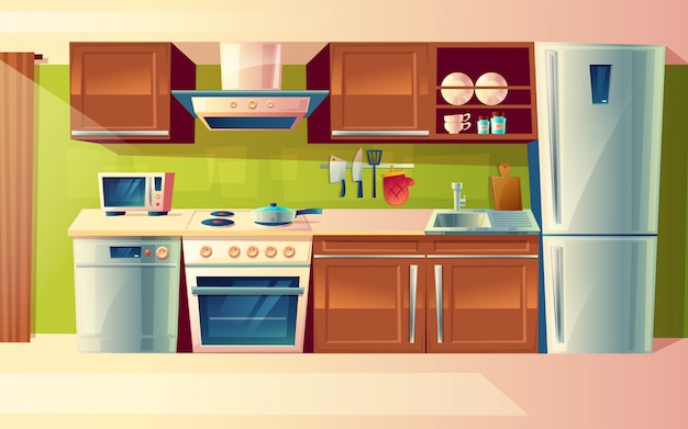 Vetor grátis interior de sala de cozinha dos desenhos animados, balcão de cozinha com aparelhos