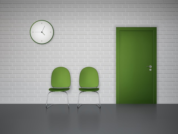 Vetor grátis interior de sala de espera com cadeiras e porta de relógio de parede verde