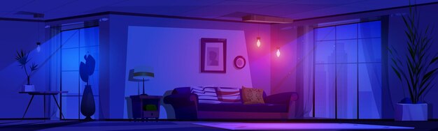 Interior de sala de estar de noite escura em vetor de casa
