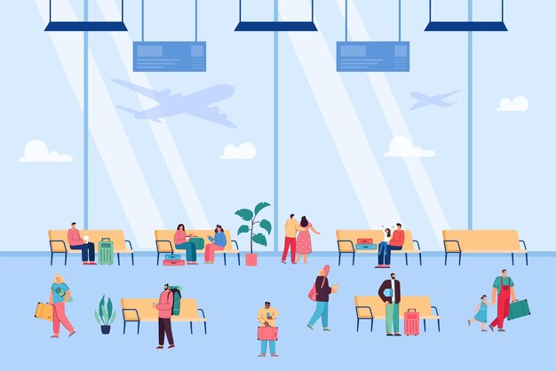 Interior do aeroporto com passageiros à espera de voo. Personagens sentados em assentos dentro do aeroporto, aviões voando fora da ilustração vetorial plana da janela. Viajar, turismo, conceito de transporte para banner