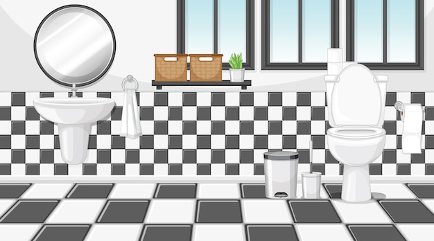 Interior do banheiro com móveis em preto e branco