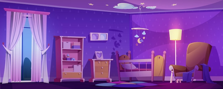 Vetor grátis interior do berçário com berço à noite no quarto à noite com cama e poltrona mãe estrela e c